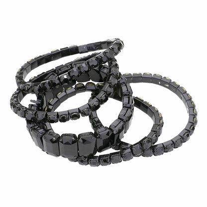 Women's 5Pcs Rectangle Round Stone Stretch Multi Layered Bracelets
