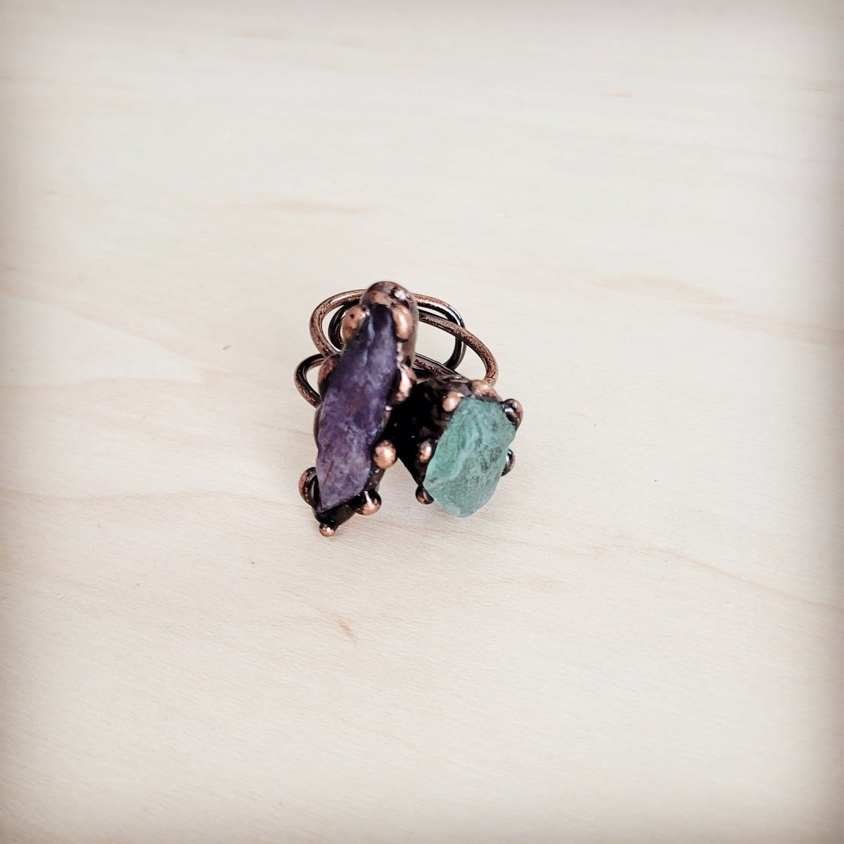 Genuine Amethyst and Quartz Ring in a Copper Setting 012a