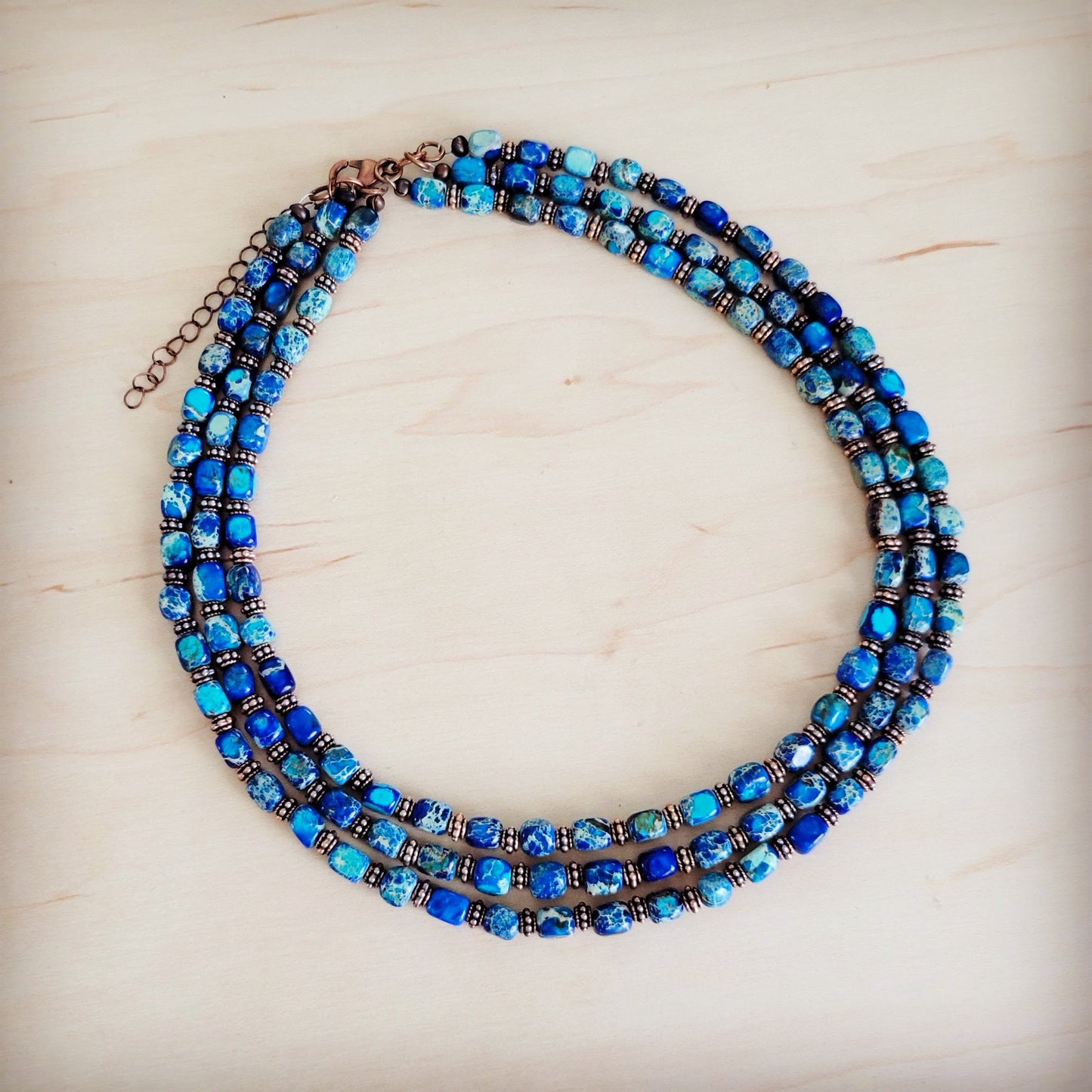 Triple Strand Layered Boho Denim Regalite Necklace 264k