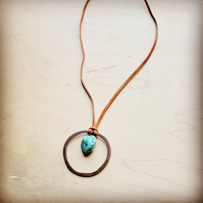 Leather Cord Necklace Antique Gold Hoop & Natural Turquoise  254v