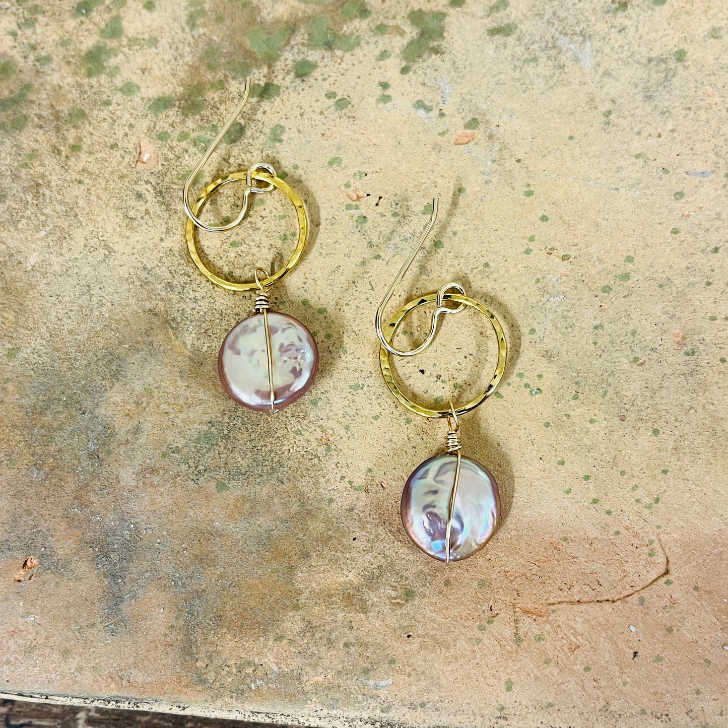 14k gold filled or sterling silver LAVENDER ORCHID COIN PEARL EARRINGS