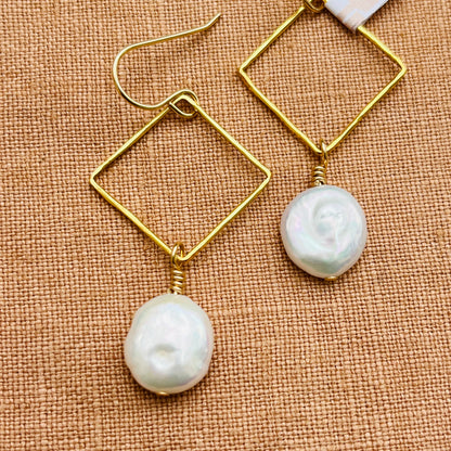 14k gold filled DIAMOND DANGLE COIN PEARL DIAMOND EARRINGS