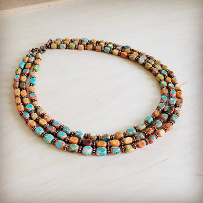 Triple Strand Layered Boho Sunrise Regalite Necklace 264o