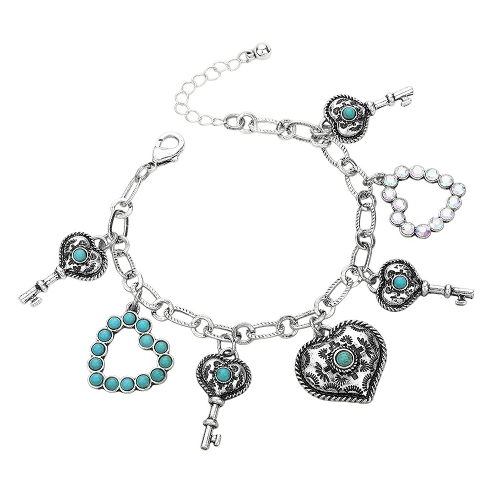 Western Heart Key Charm Station Bracelet