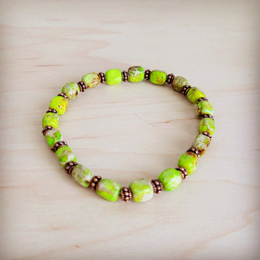 **Genuine Regalite and Copper Stretch Beaded Bracelet Lime Green 812d