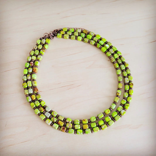 **Triple Strand Layered Boho Lime Green Regalite Collar Necklace 264i