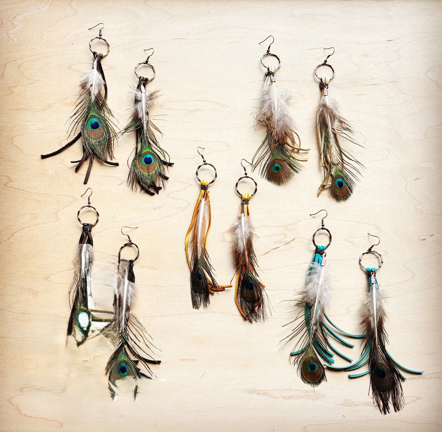 Mustard Deer Skin Leather Tassel Earring Peacock Feather 219i