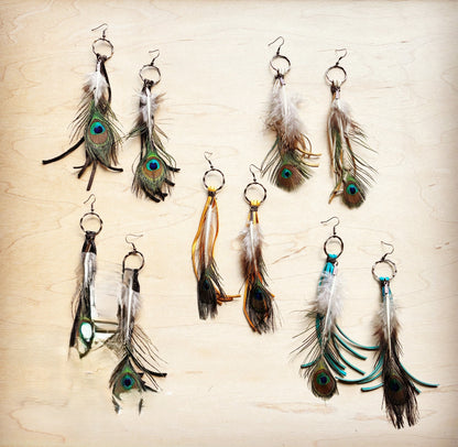 Bone Deer Skin Leather Tassel Earring Peacock Feather 219k