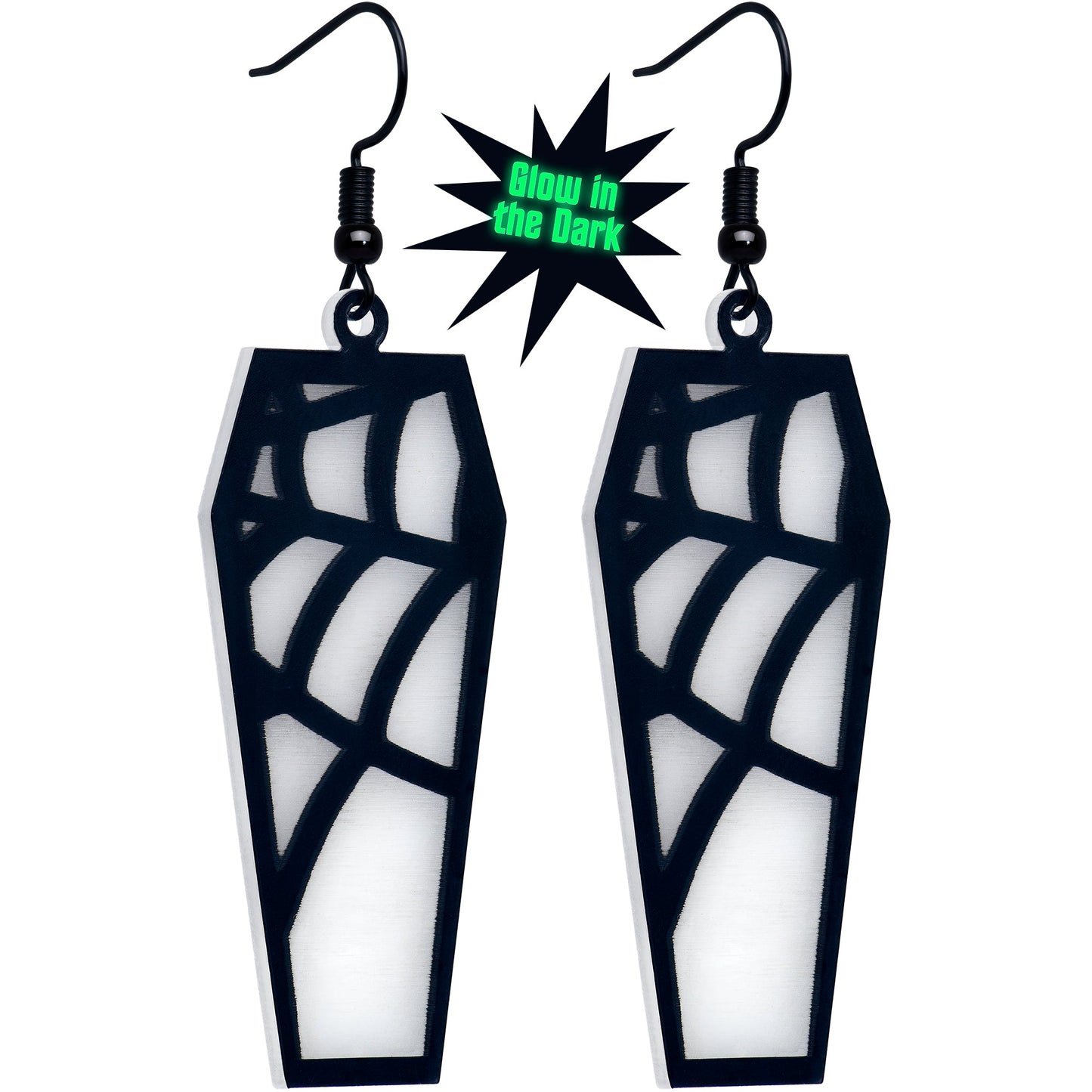 Black Spider Web Coffin Glow in the Dark Dangle Earrings by Onyx O BodyCandy