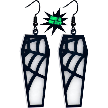 Black Spider Web Coffin Glow in the Dark Dangle Earrings by Onyx O BodyCandy