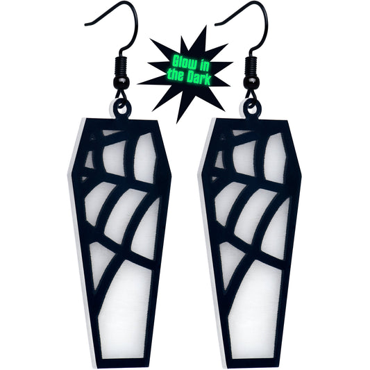 Black Spider Web Coffin Glow in the Dark Dangle Earrings by Onyx O BodyCandy