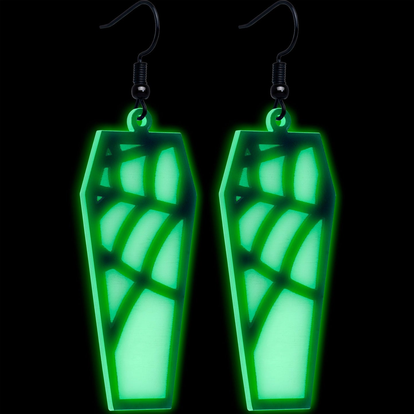 Black Spider Web Coffin Glow in the Dark Dangle Earrings by Onyx O BodyCandy