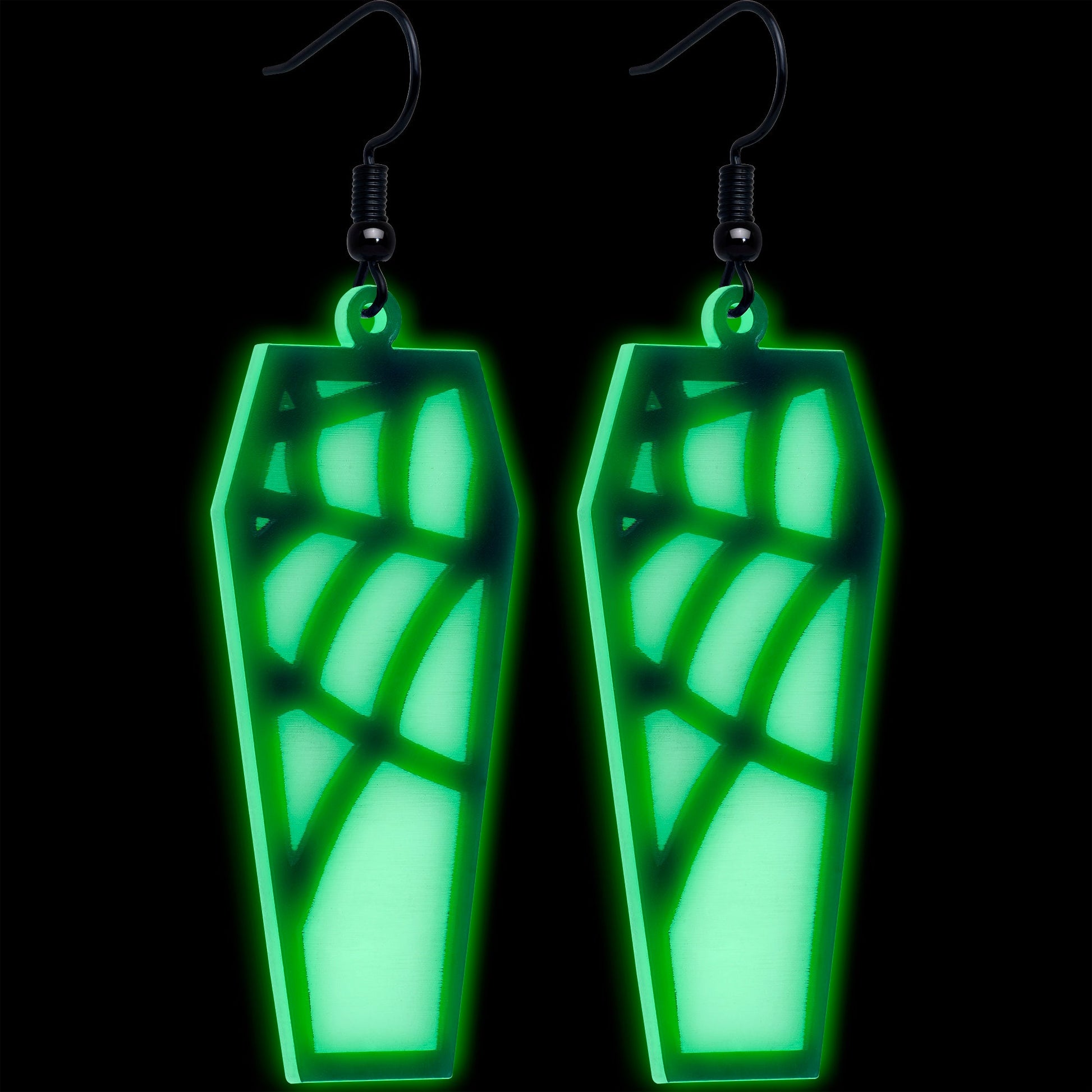 Black Spider Web Coffin Glow in the Dark Dangle Earrings by Onyx O BodyCandy