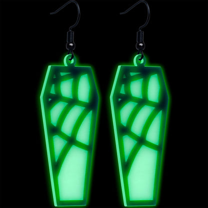 Black Spider Web Coffin Glow in the Dark Dangle Earrings by Onyx O BodyCandy