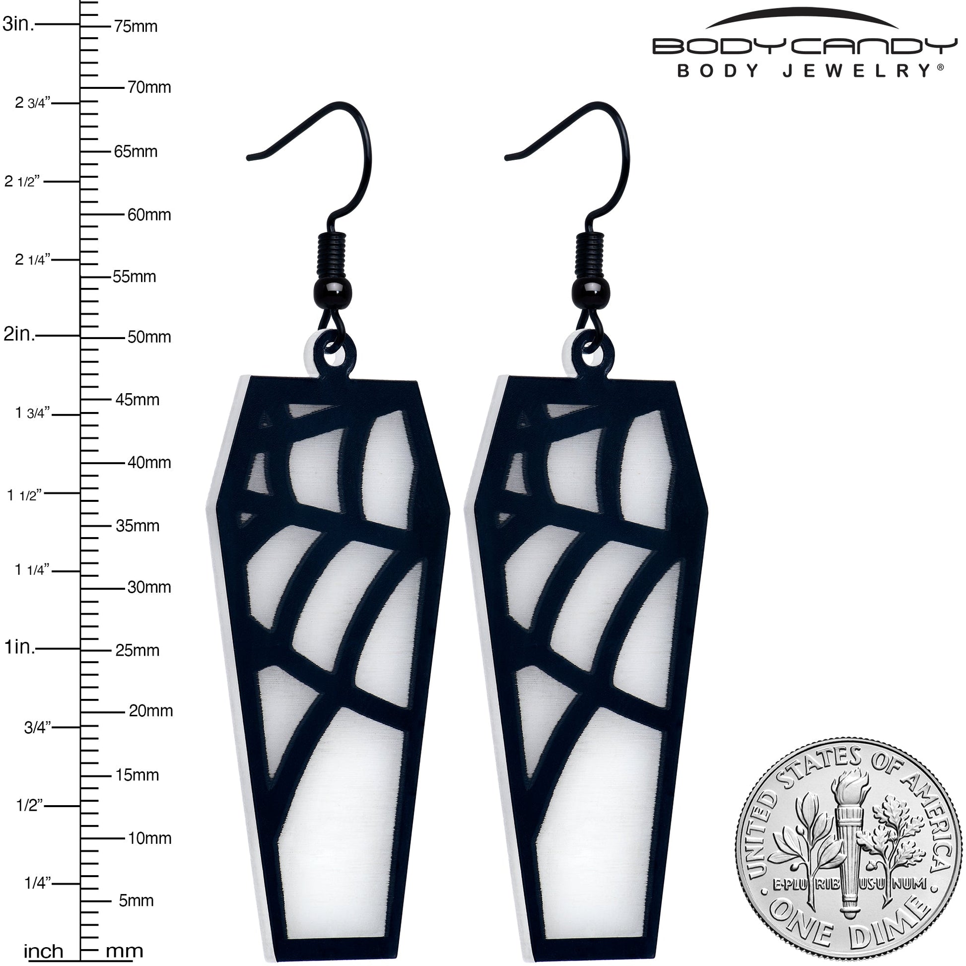 Black Spider Web Coffin Glow in the Dark Dangle Earrings by Onyx O BodyCandy
