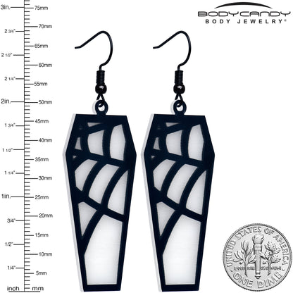 Black Spider Web Coffin Glow in the Dark Dangle Earrings by Onyx O BodyCandy