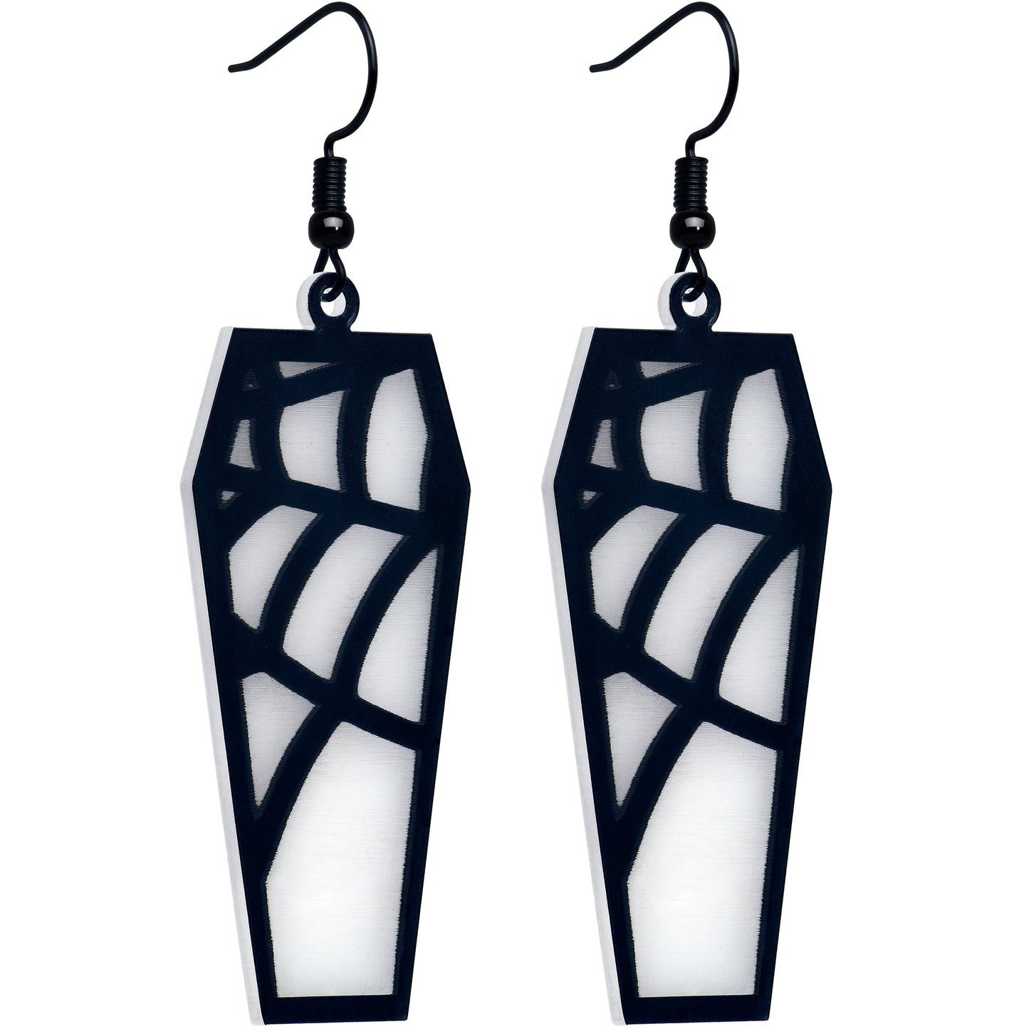 Black Spider Web Coffin Glow in the Dark Dangle Earrings by Onyx O BodyCandy