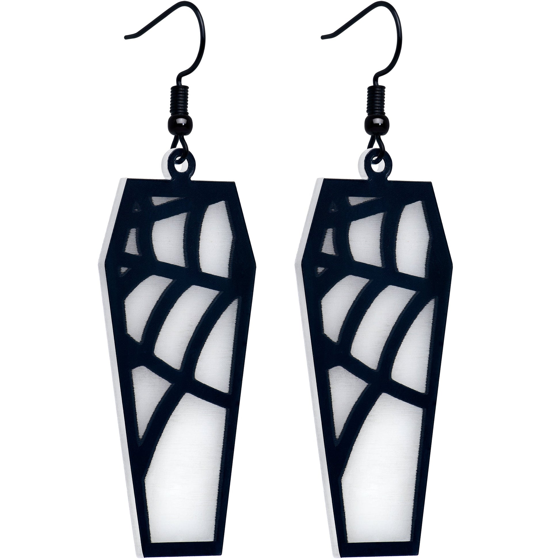 Black Spider Web Coffin Glow in the Dark Dangle Earrings by Onyx O BodyCandy