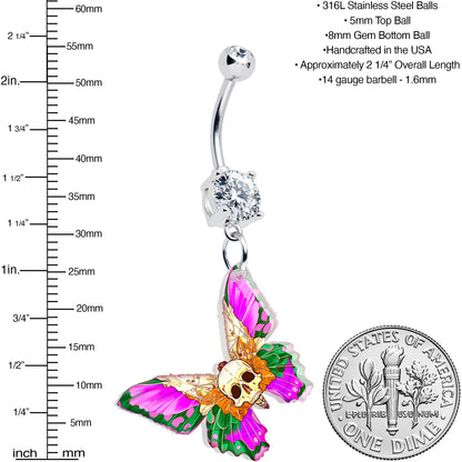 Clear Gem Butterfly Skull Dangle Belly Ring by Onyx O BodyCandy