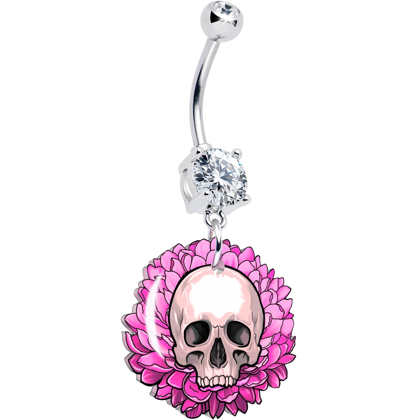 Clear Gem Blooming Pink Flower Skull Dangle Belly Ring by Onyx O BodyCandy