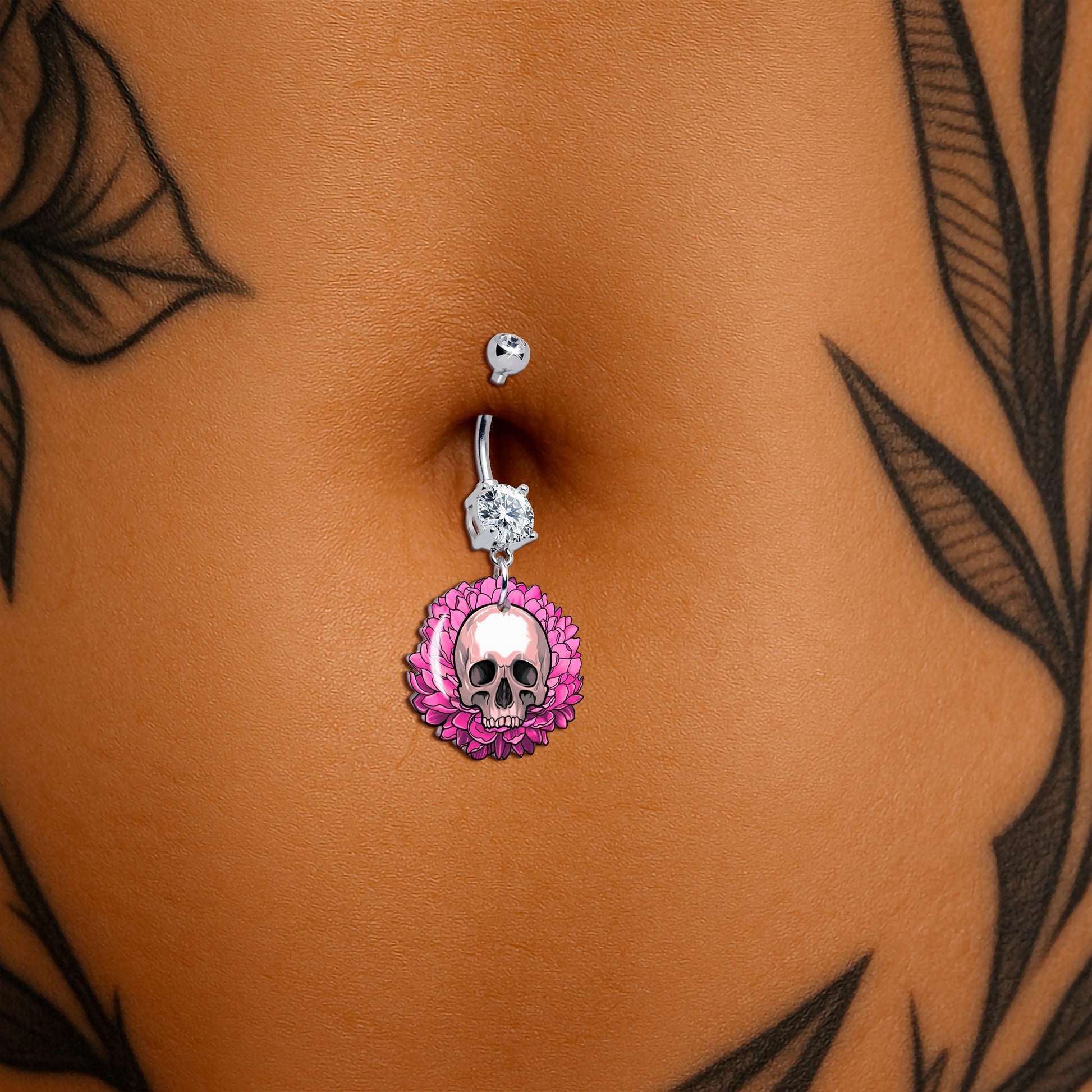 Clear Gem Blooming Pink Flower Skull Dangle Belly Ring by Onyx O BodyCandy