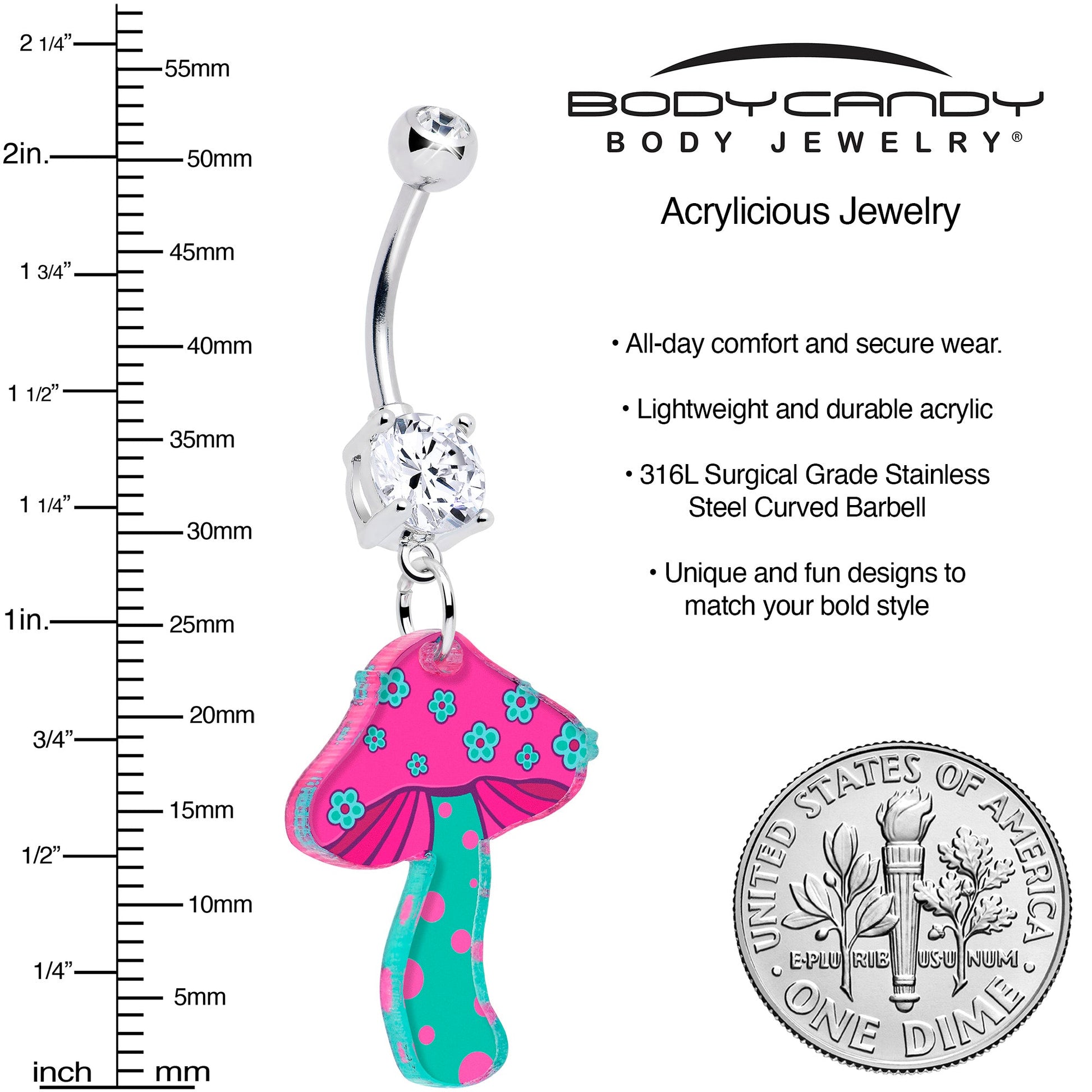 Double Gem Funky Floral Mushroom Dangle Belly Ring by Onyx O BodyCandy
