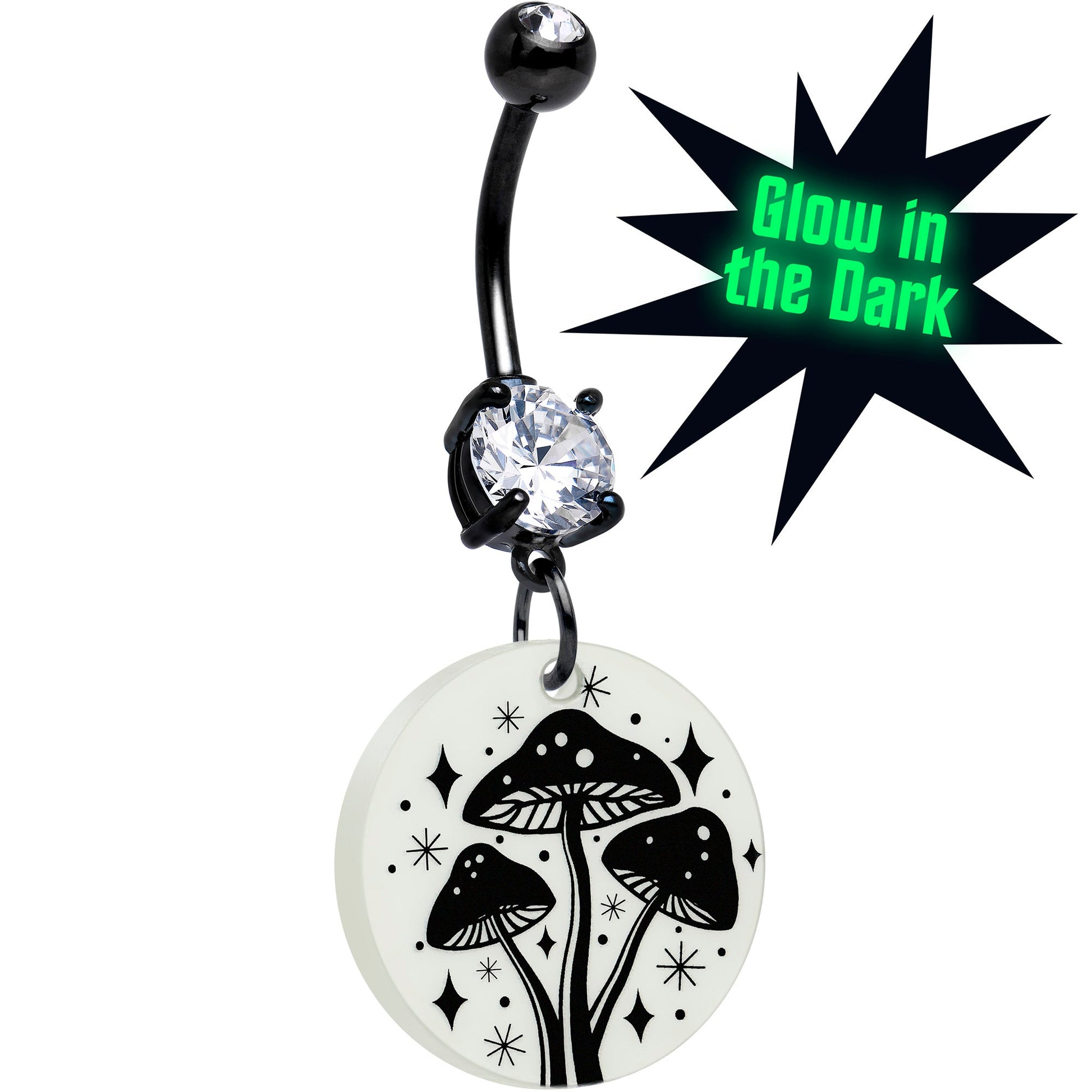 Black Double Gem Glow in the Dark Mystic Mushroom Dangle Belly Ring by Onyx O BodyCandy