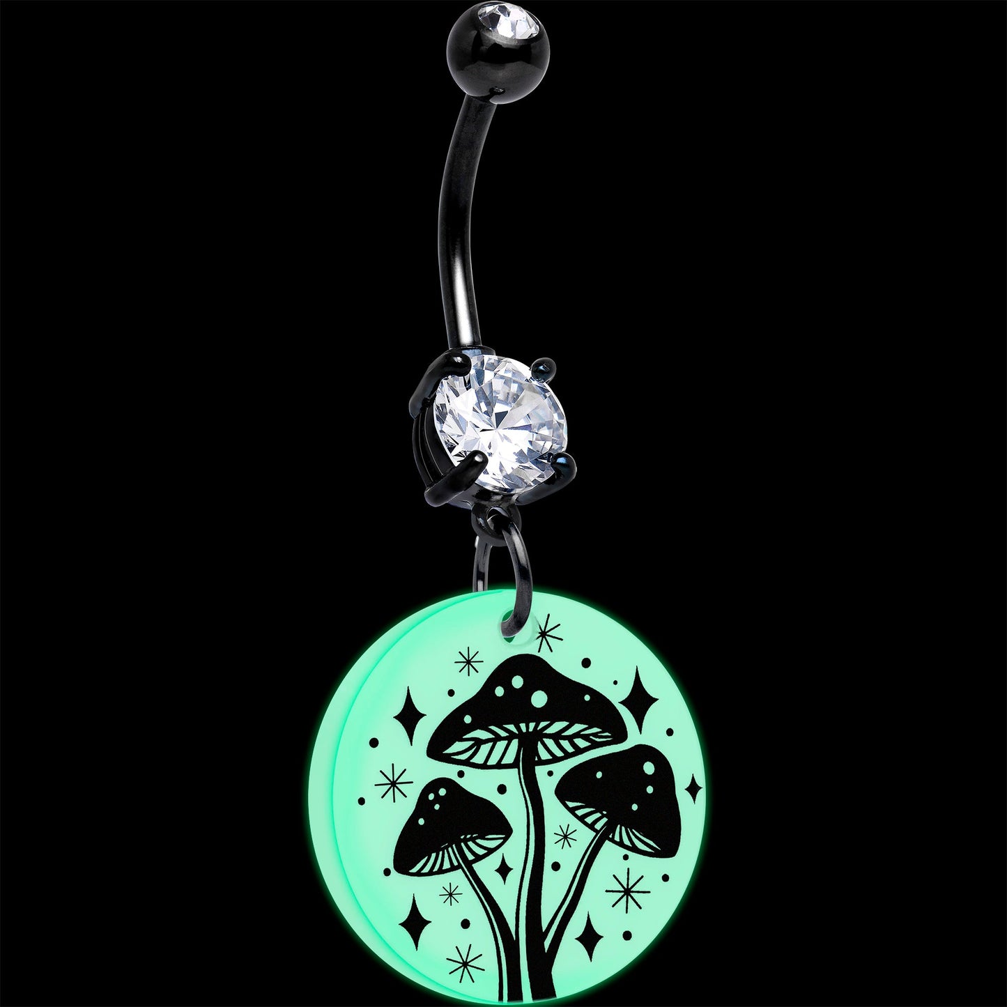 Black Double Gem Glow in the Dark Mystic Mushroom Dangle Belly Ring by Onyx O BodyCandy