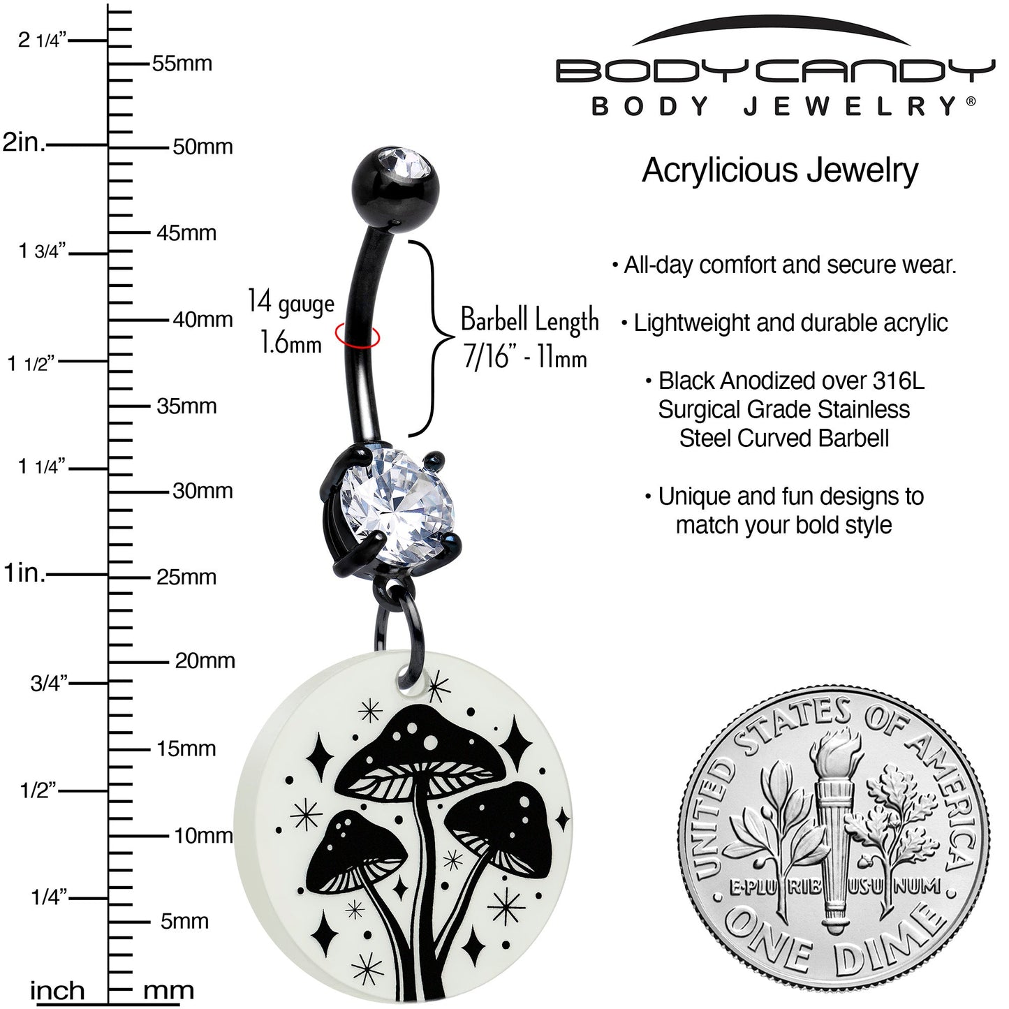 Black Double Gem Glow in the Dark Mystic Mushroom Dangle Belly Ring by Onyx O BodyCandy