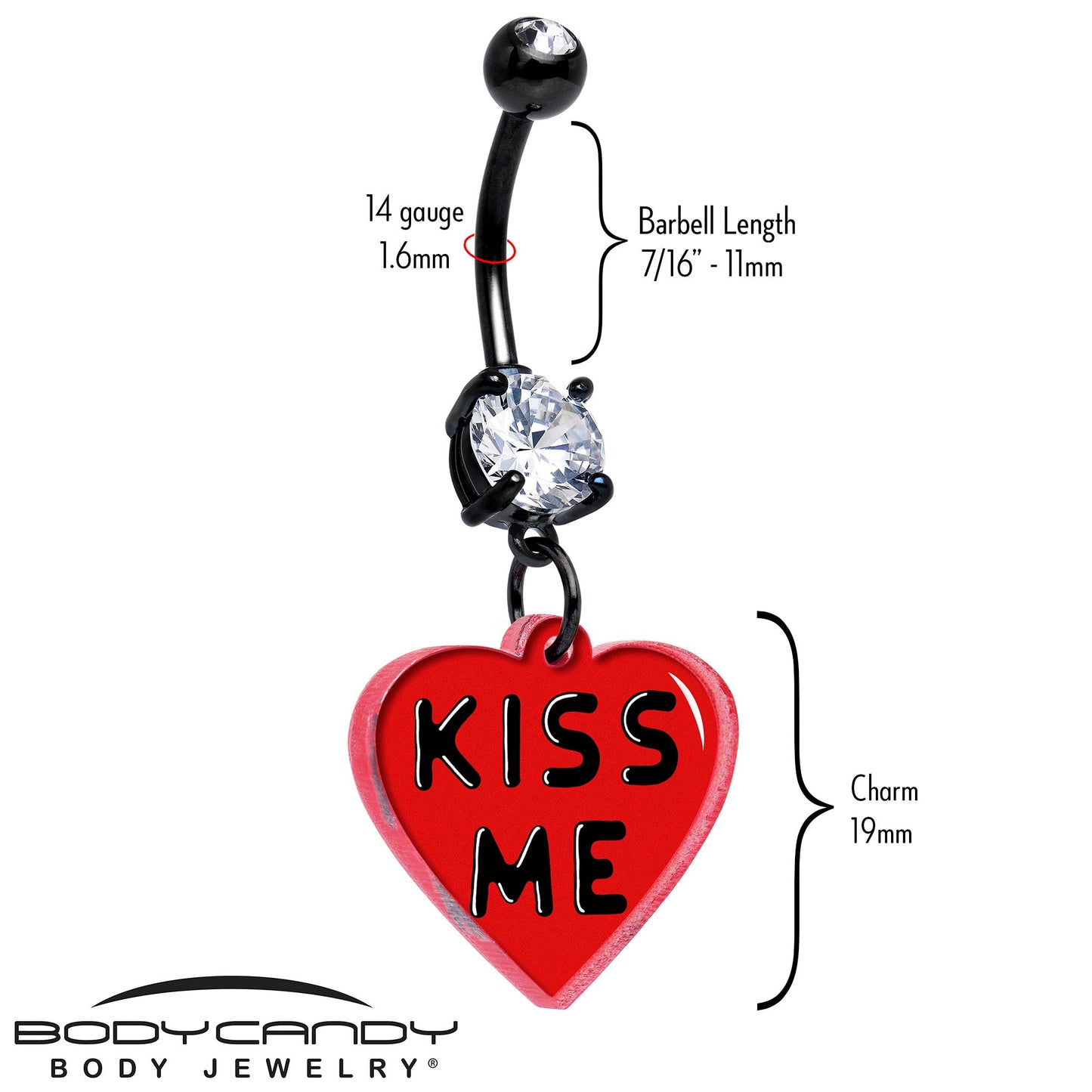 Black Double Gem Kiss Me Heart Dangle Belly Ring by Onyx O BodyCandy