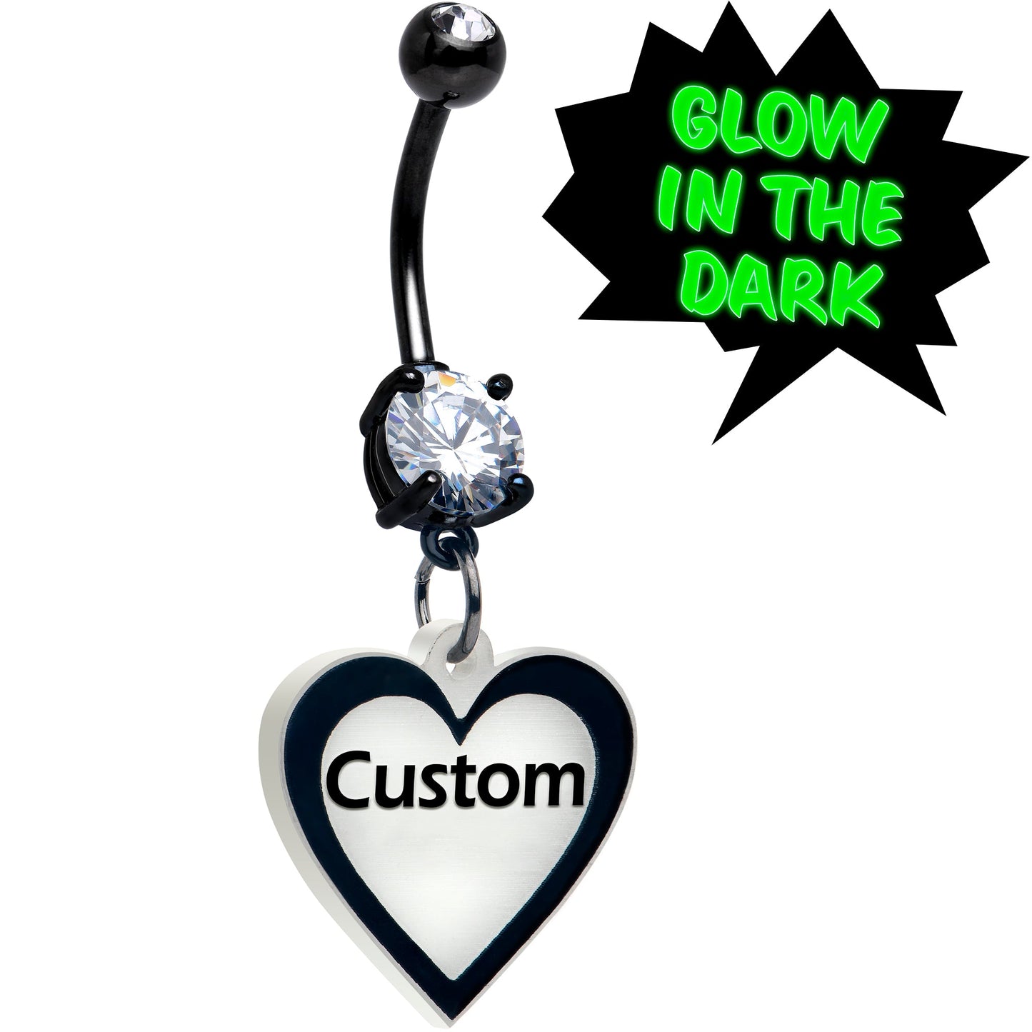 Custom Glow in the Dark Heart Dangle Personalized Belly Ring BodyCandy