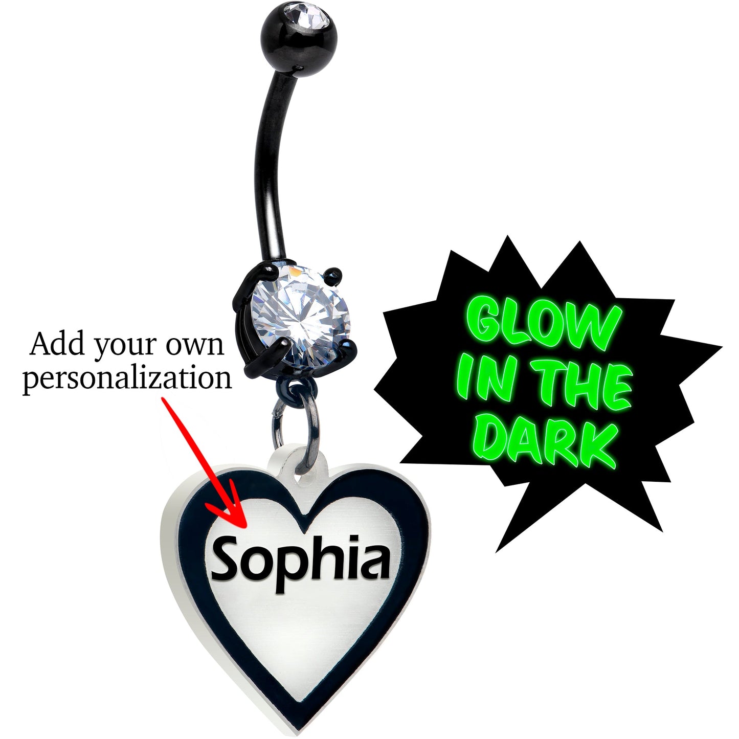Custom Glow in the Dark Heart Dangle Personalized Belly Ring BodyCandy