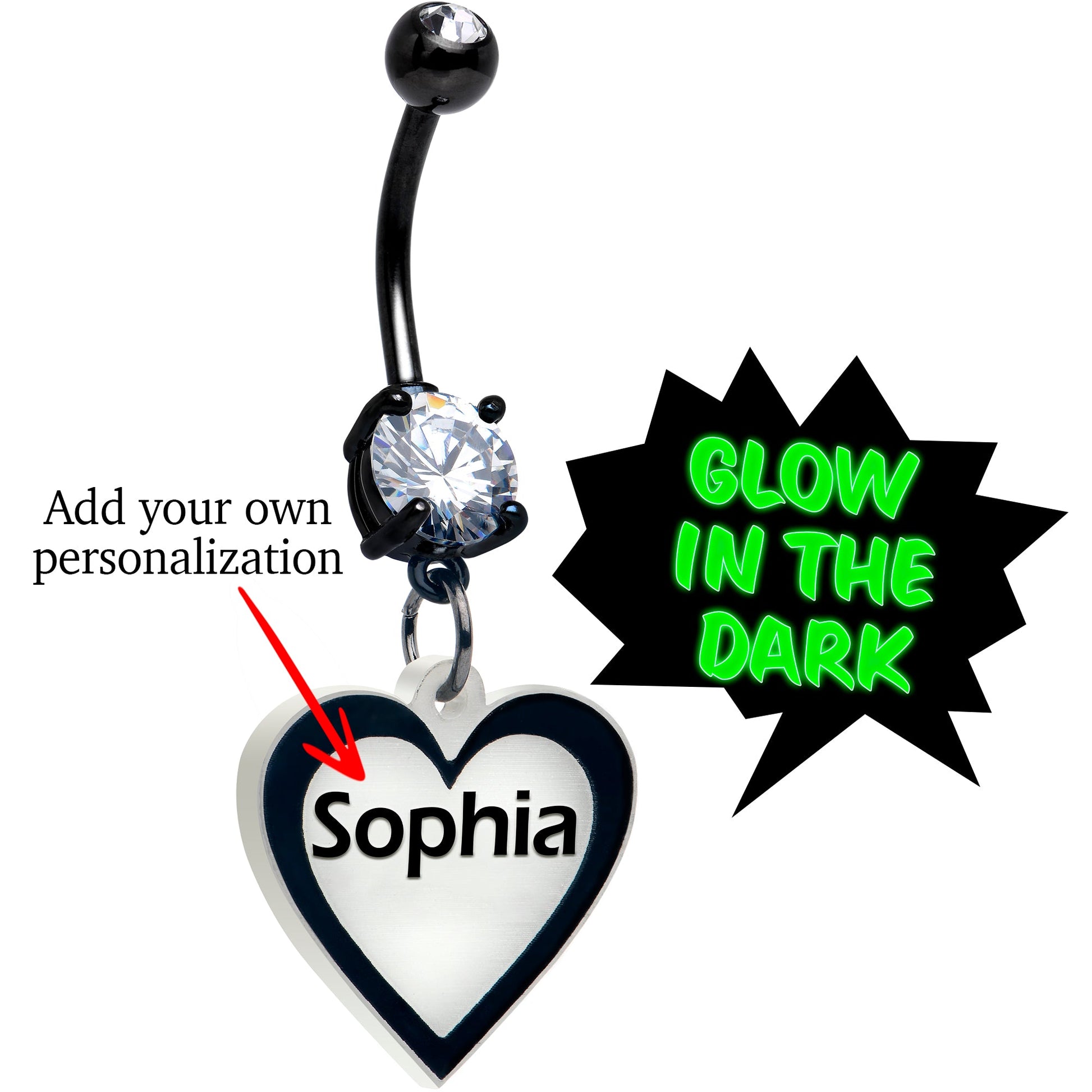 Custom Glow in the Dark Heart Dangle Personalized Belly Ring BodyCandy