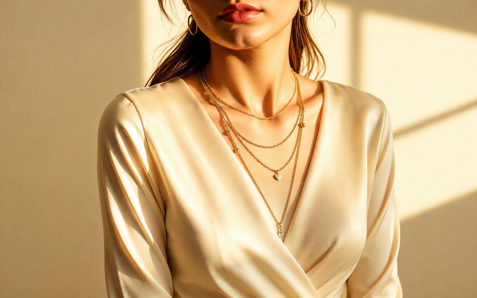 Model wearing layered jewelry
