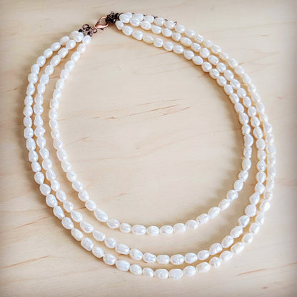 Genuine Freshwater Pearl Triple Strand Layered Boho Necklace 263r