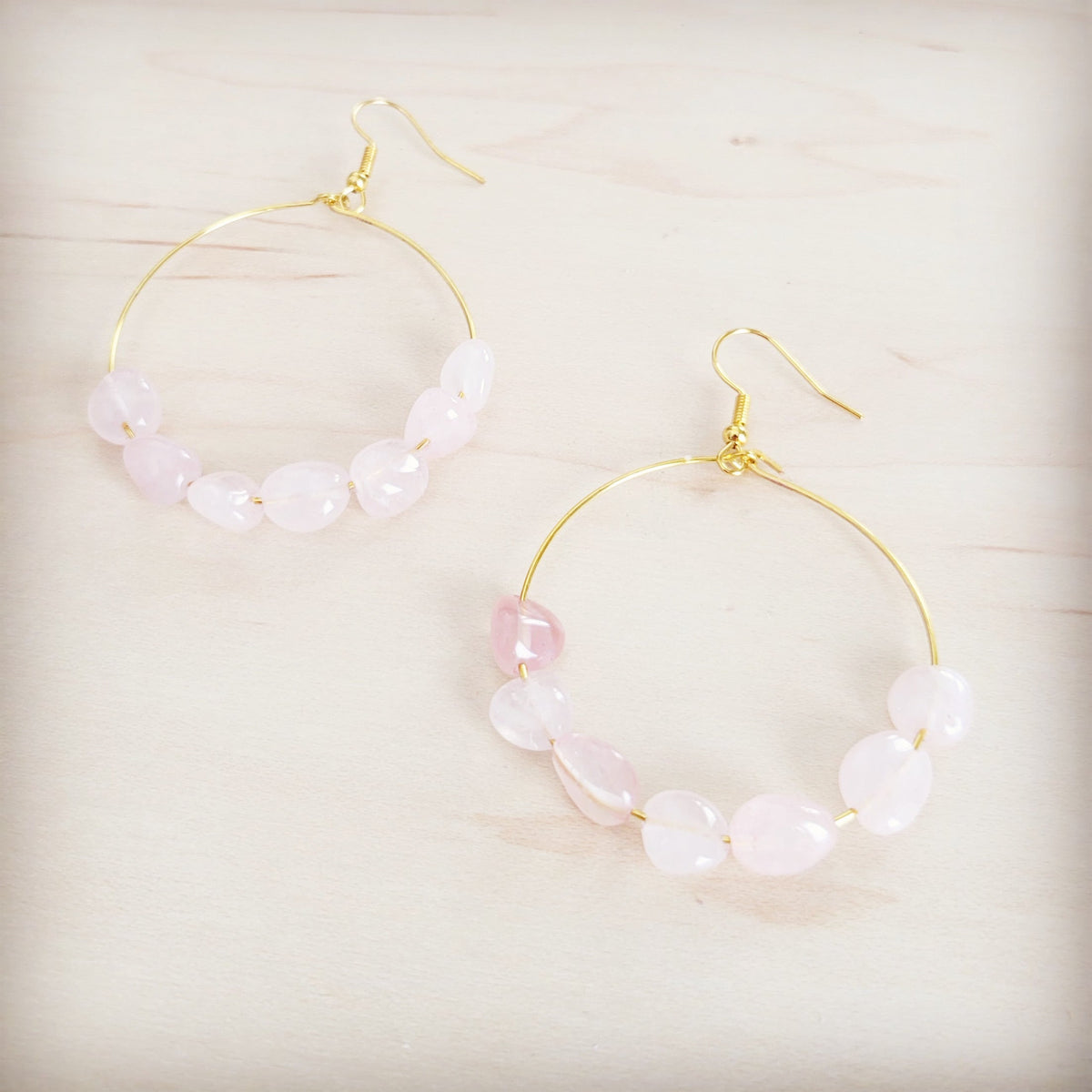 **Beaded Hoop Earrings- Genuine Natural Rose Quartz Stones 200bk