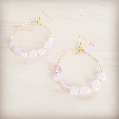 **Beaded Hoop Earrings- Genuine Natural Rose Quartz Stones 200bk