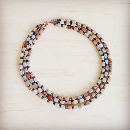 Triple Strand Layered Boho Aqua Terra & Copper Necklace 264m
