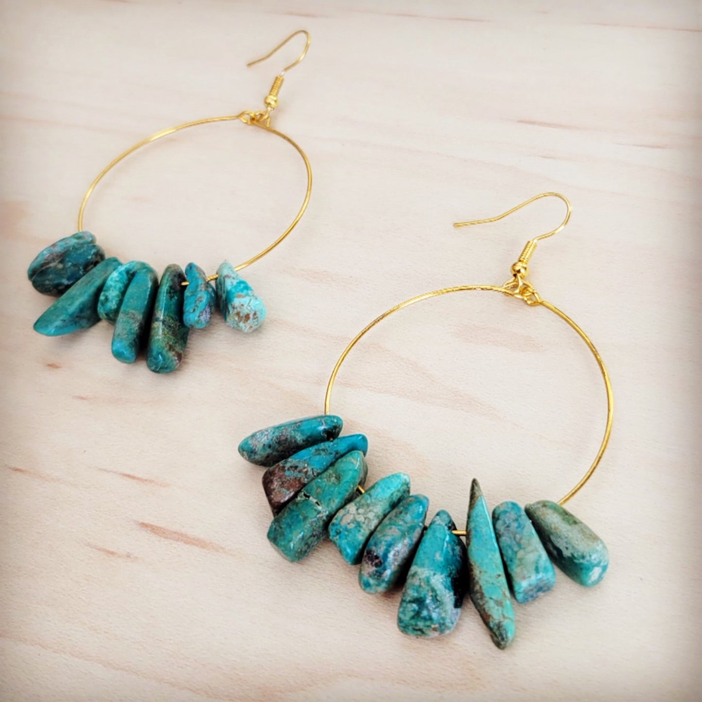 Beaded Hoop Earrings- Genuine Natural Turquoise Stacked Stones 200bh