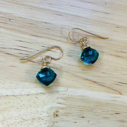 14k gold filled PEACOCK BLUE QUARTZ EARRINGS