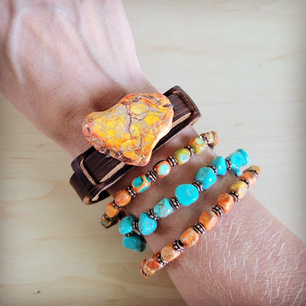 Turquoise and Copper Stretch Beaded Bracelet 812h