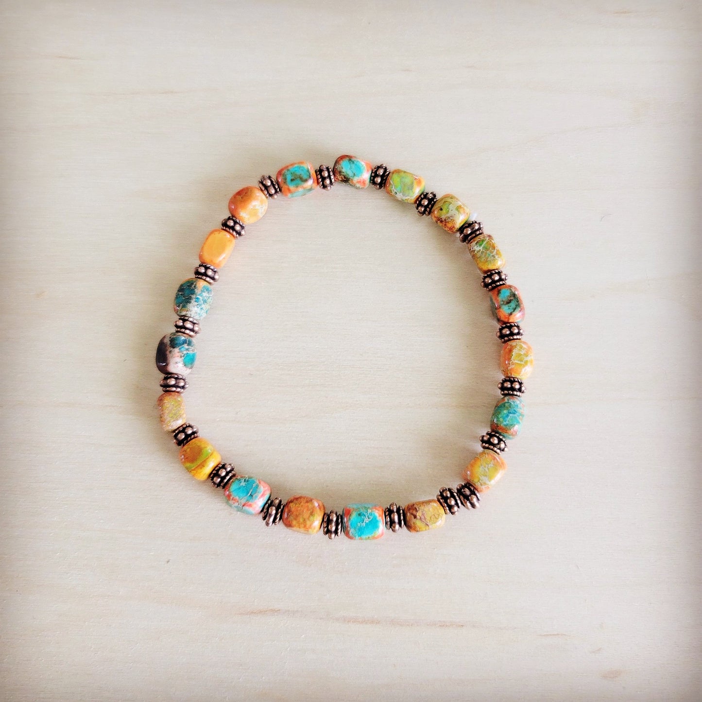 Genuine Regalite and Copper Stretch Beaded Bracelet Sunrise 812j