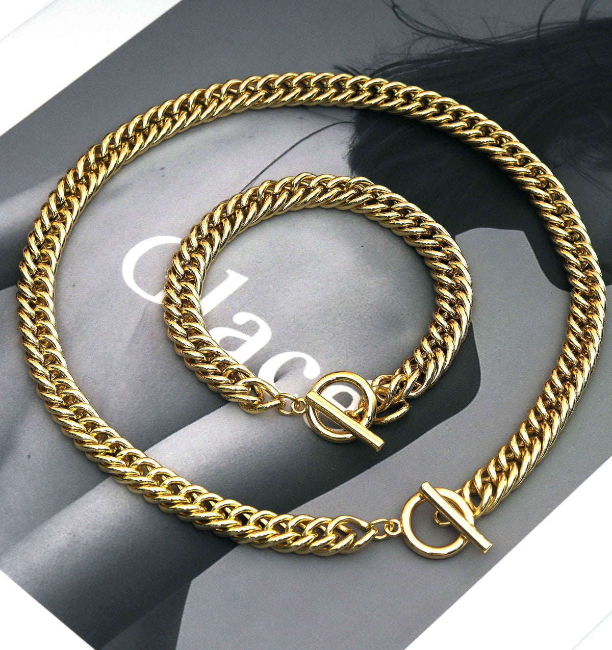 Gold Link Chain Necklace Bracelet with Toggle clasp, statement necklace bracelet, sku#EF169