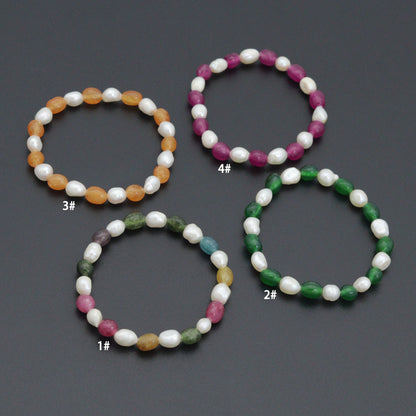 Freeform Pearl with Jade Stretchy Bracelet, Sku#EF654