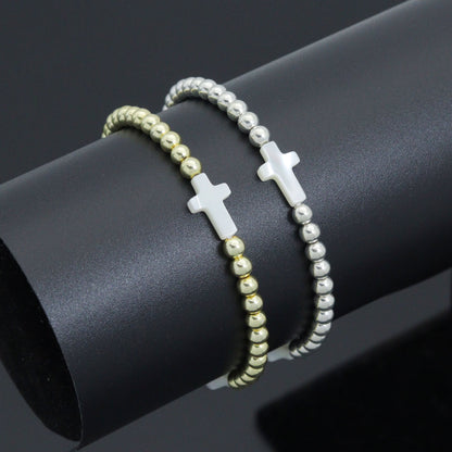 Hematite with Mother of Pearl Cross Stretchy Bracelet, Sku#EF776