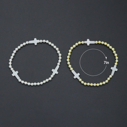 Hematite with Mother of Pearl Cross Stretchy Bracelet, Sku#EF776