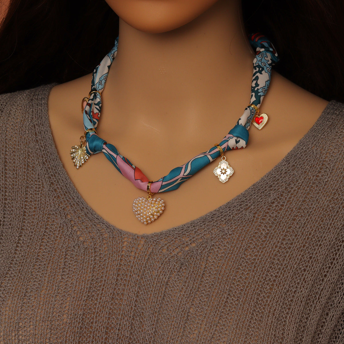 Convertible Scarf Necklace, Adjustable Silk Scarf Statement Necklace, sku#EF806-1
