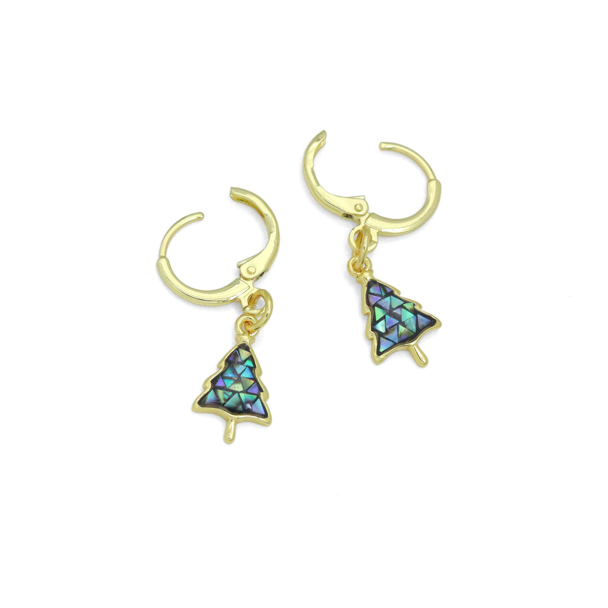 Abalone Mother of Pearl Cedar Tree Hoop Earrings, Christmas tree earrings, Sku#EF831