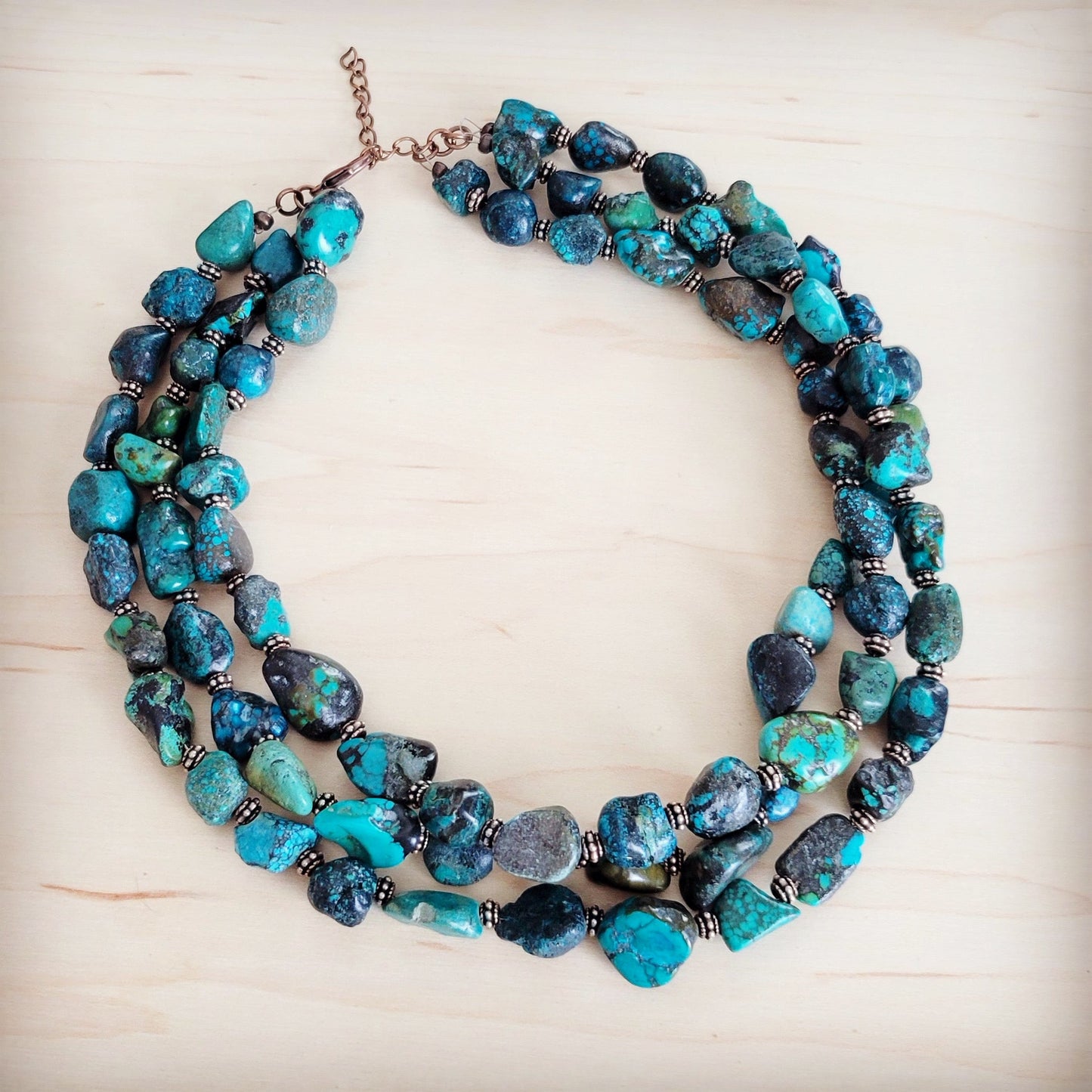Large Triple Strand Natural Turquoise & Copper Collar Necklace 252y