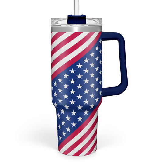 Blue American Flag Quencher Tumbler with Handle 40oz Sandjest Personalized Gifts